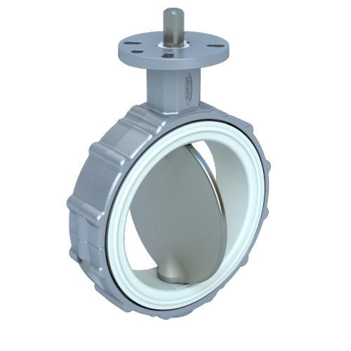 6", Aluminum Body,Wafer, White Nitrile Seat, 316 Disc, 316 Stem, Bare Stem, 50 psi Pressure Rating, Temp Range: -20°F to 275°F,Ultraflo Series 390 0
